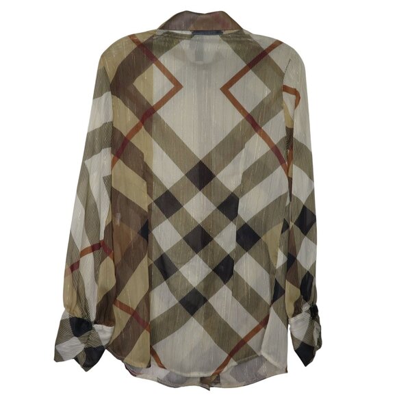 Vintage Striped Plaid Sheer Button-Down Shirt Long Sleeves Pointed Collar Size M - Picture 8 of 11